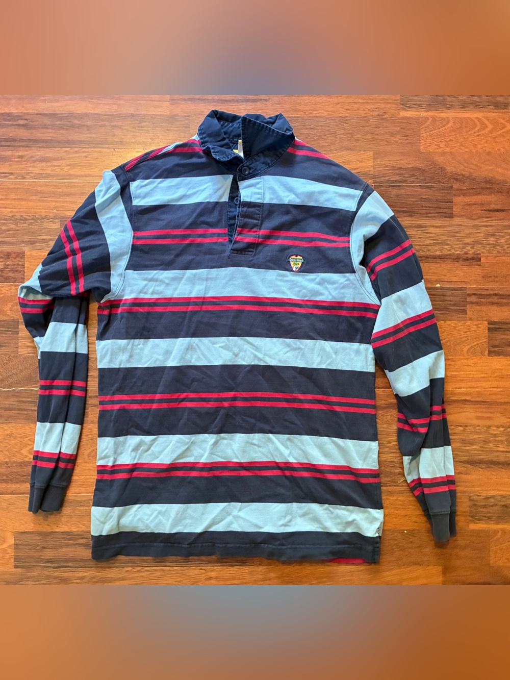 Duck Head Striped Long Sleeve Rugby Polo in Navy, Light Blue & Red